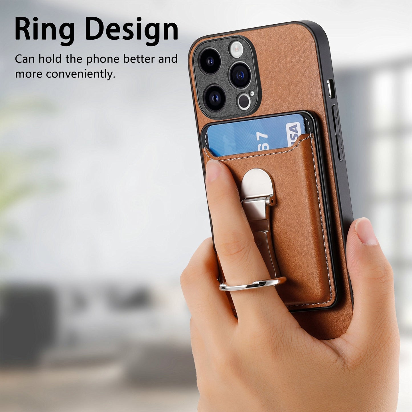 ELECTROPRIME For iPhone 15 Skin Feel Ring Holder Wallet Magnetic Phone Case(Brown)