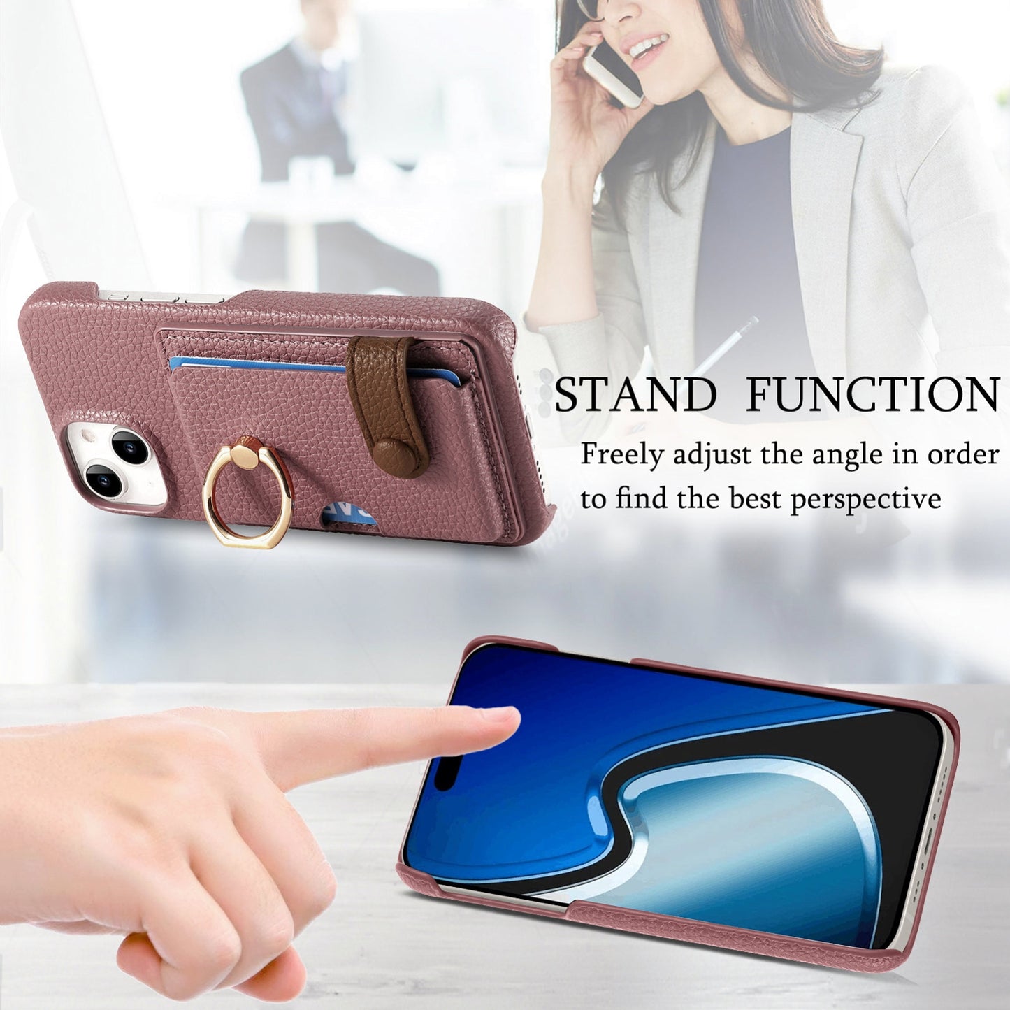ELECTROPRIME For iPhone 15 Litchi Leather Oil Edge Ring Card Back Phone Case(Jujube apricot)