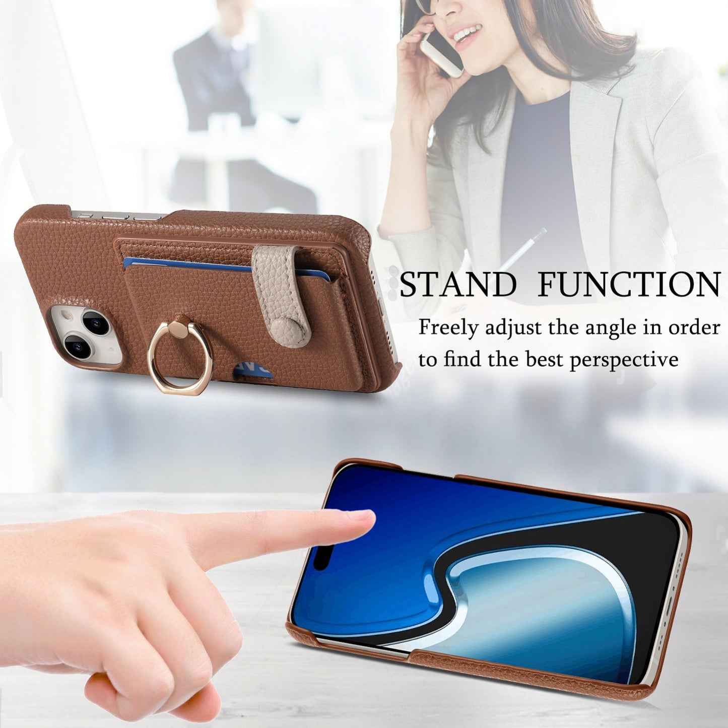 ELECTROPRIME For iPhone 15 Litchi Leather Oil Edge Ring Card Back Phone Case(Brown)