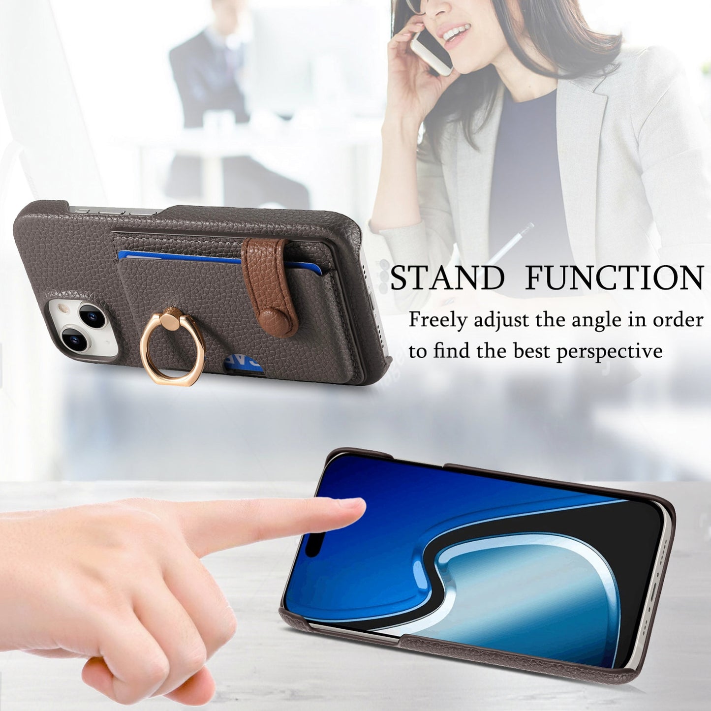 ELECTROPRIME For iPhone 15 Litchi Leather Oil Edge Ring Card Back Phone Case(Grey)