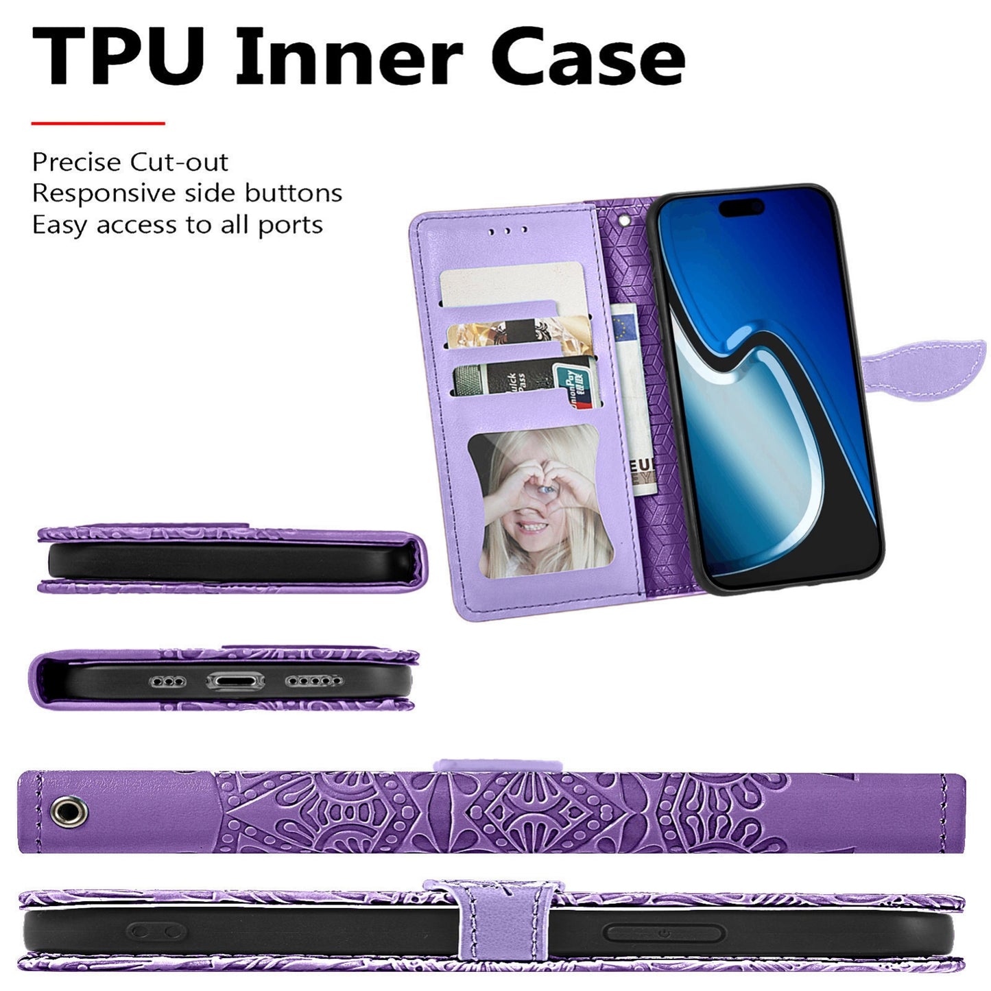 ELECTROPRIME For iPhone 15 Blooming Mandala Embossed Wings Buckle Leather Phone Case(purple)
