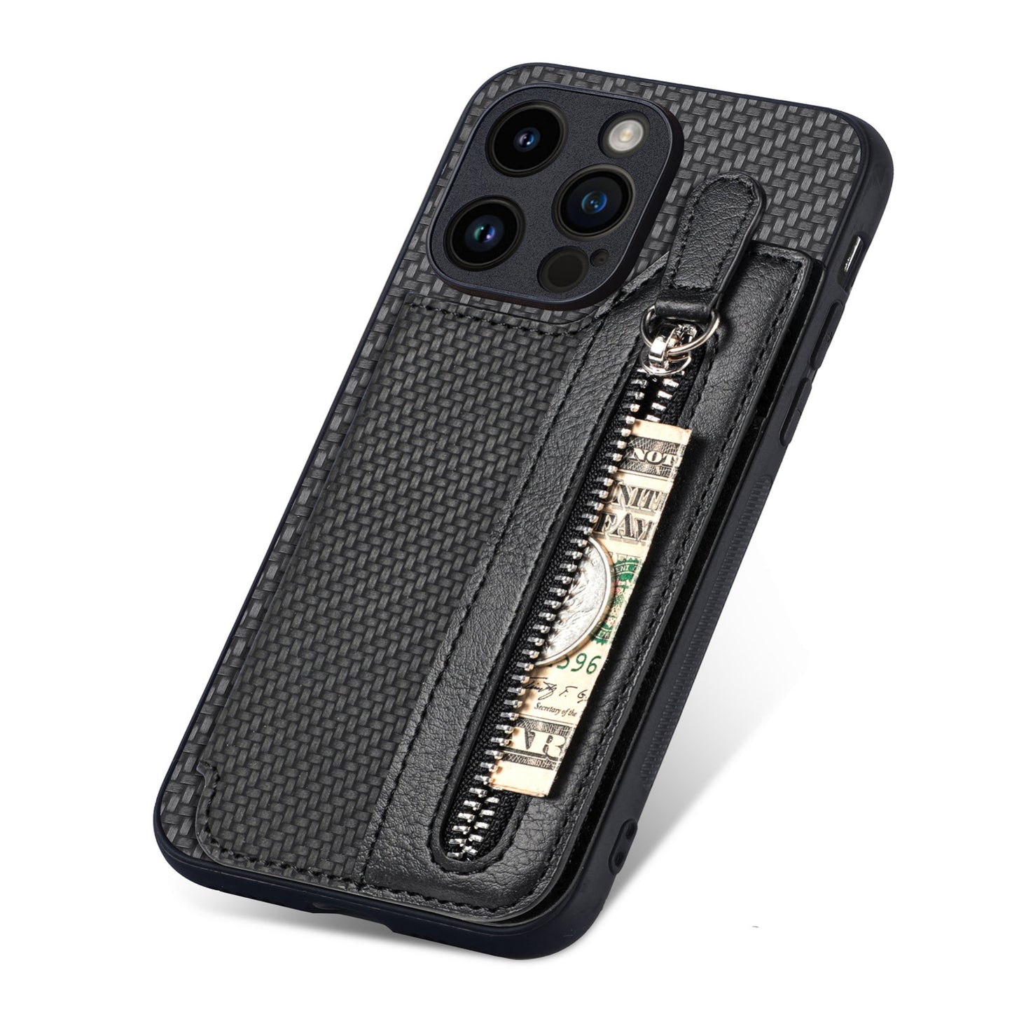 ELECTROPRIME For iPhone 15 Carbon Fiber Horizontal Flip Zipper Wallet Phone Case(Black)