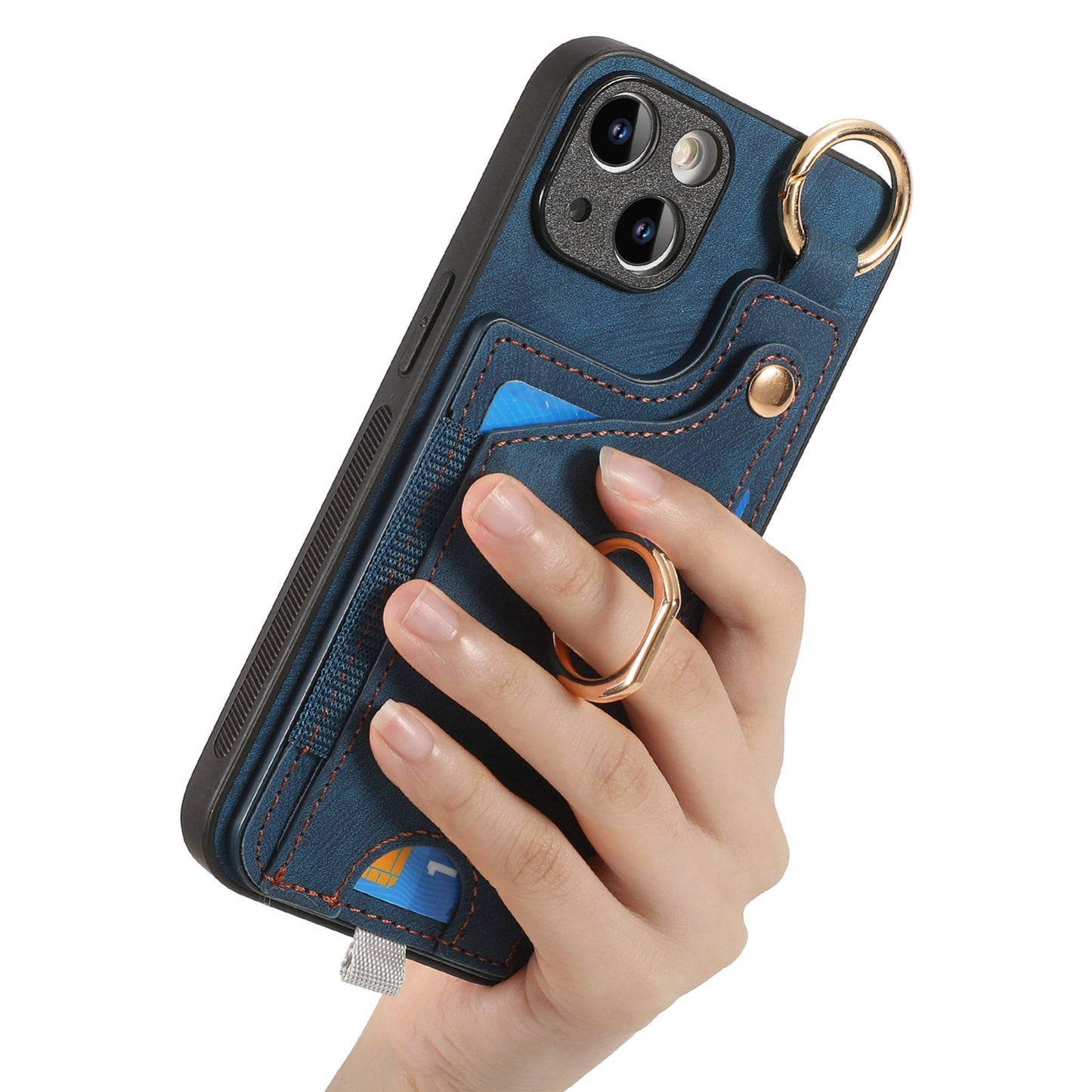 ELECTROPRIME For iPhone 15 Retro Skin-feel Ring Card Bag Phone Case with Hang Loop(Blue)