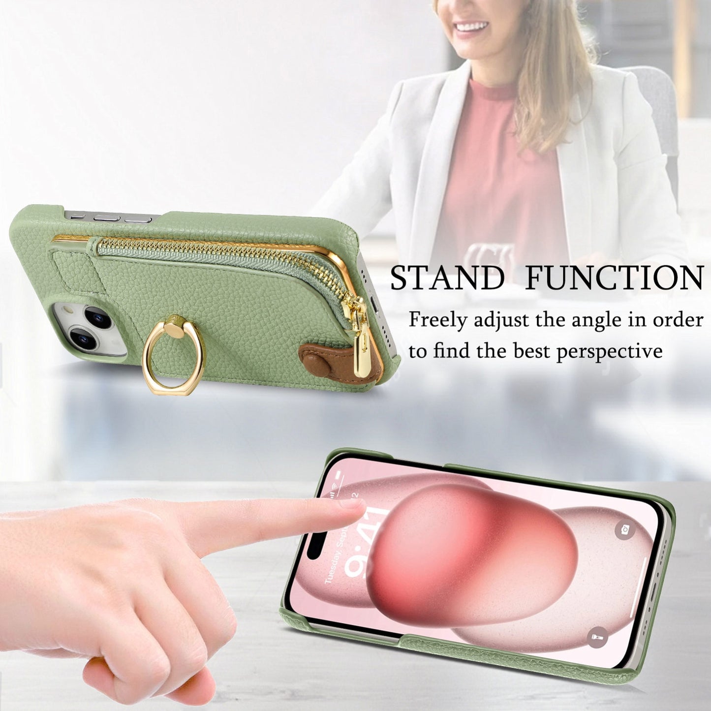 ELECTROPRIME For iPhone 15 Litchi Leather Oil Edge Ring Zipper Wallet Back Phone Case(Tea Green)