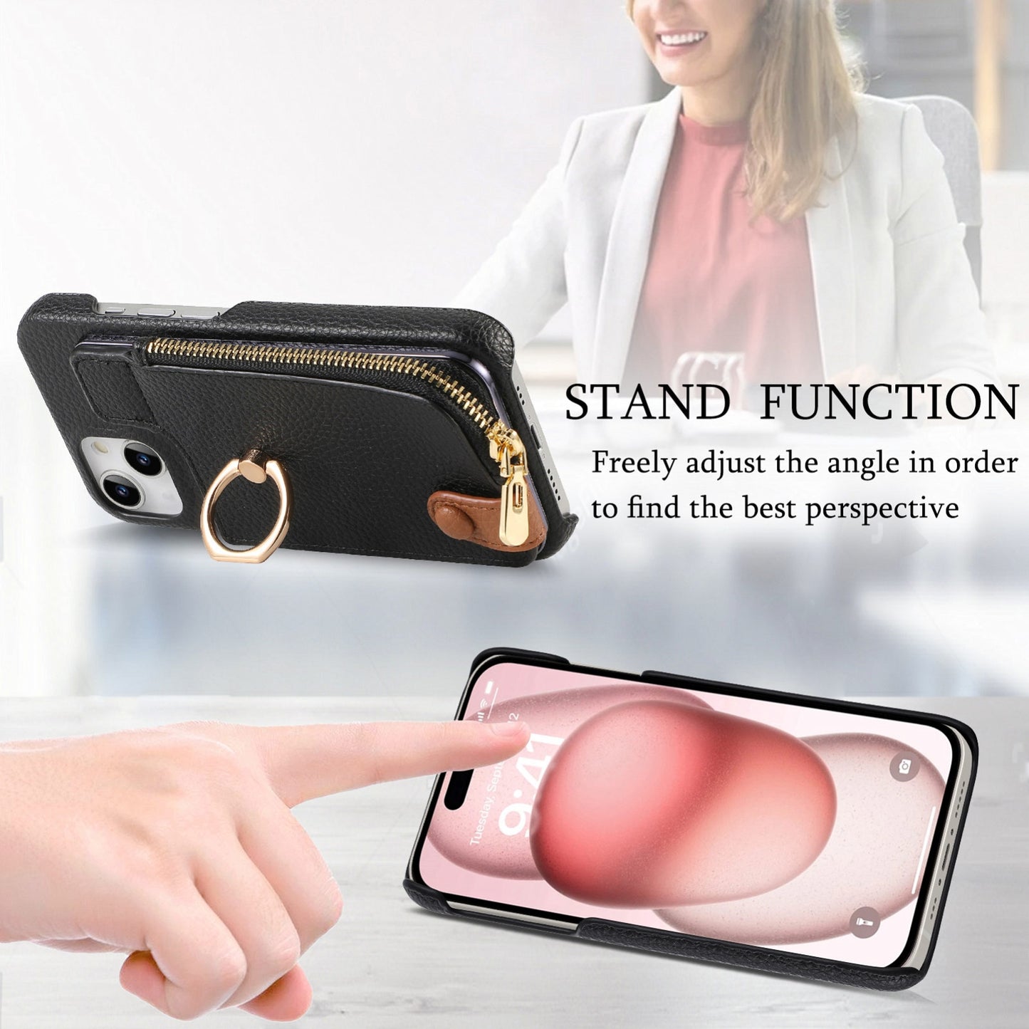ELECTROPRIME For iPhone 15 Litchi Leather Oil Edge Ring Zipper Wallet Back Phone Case(Black)