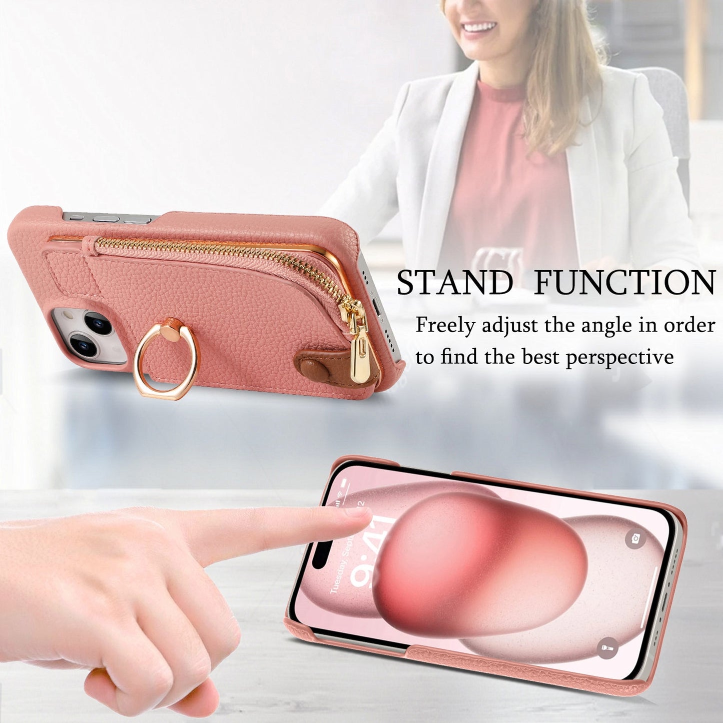 ELECTROPRIME For iPhone 15 Litchi Leather Oil Edge Ring Zipper Wallet Back Phone Case(Pink)