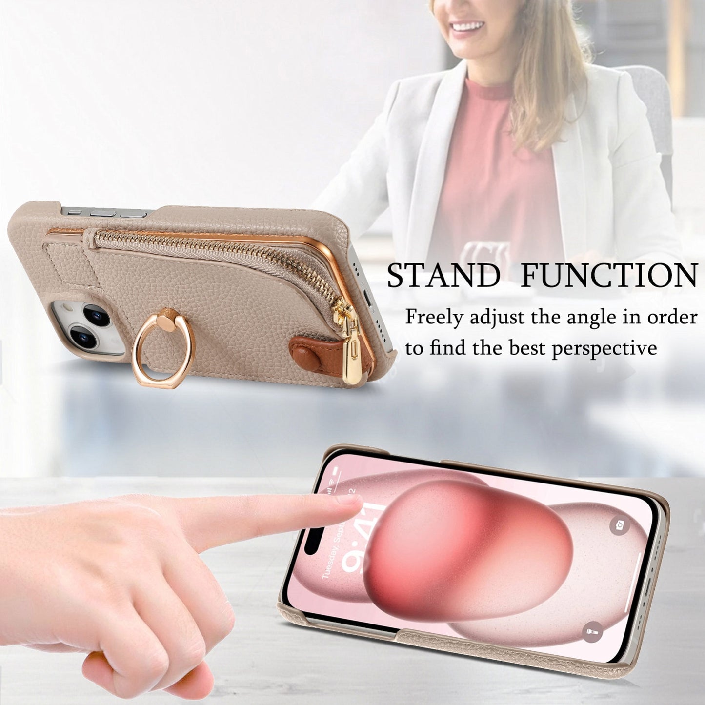 ELECTROPRIME For iPhone 15 Litchi Leather Oil Edge Ring Zipper Wallet Back Phone Case(Khaki)