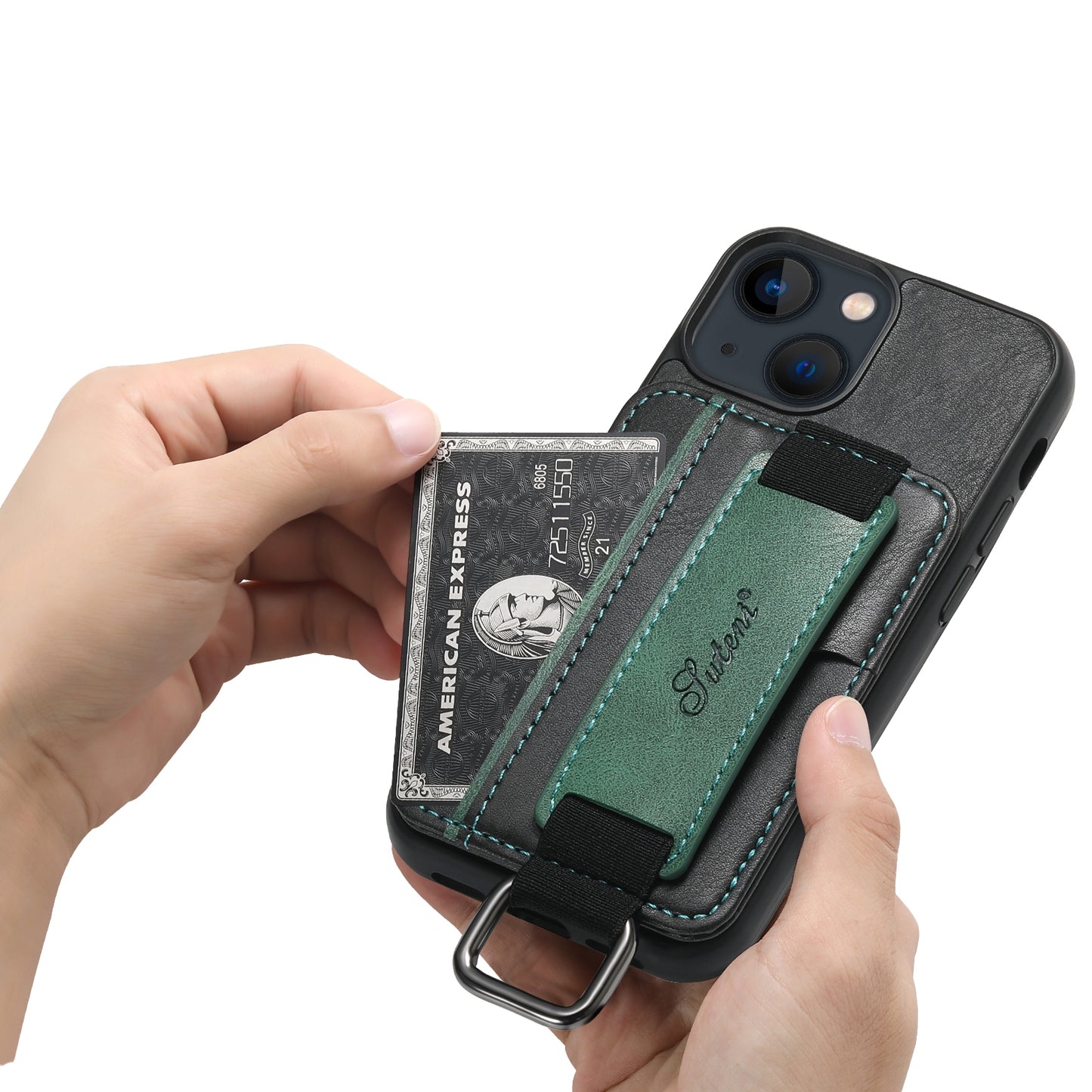 ELECTROPRIME For iPhone 15 Suteni H13 Card Wallet Wrist Strap Holder PU Phone Case(Black)