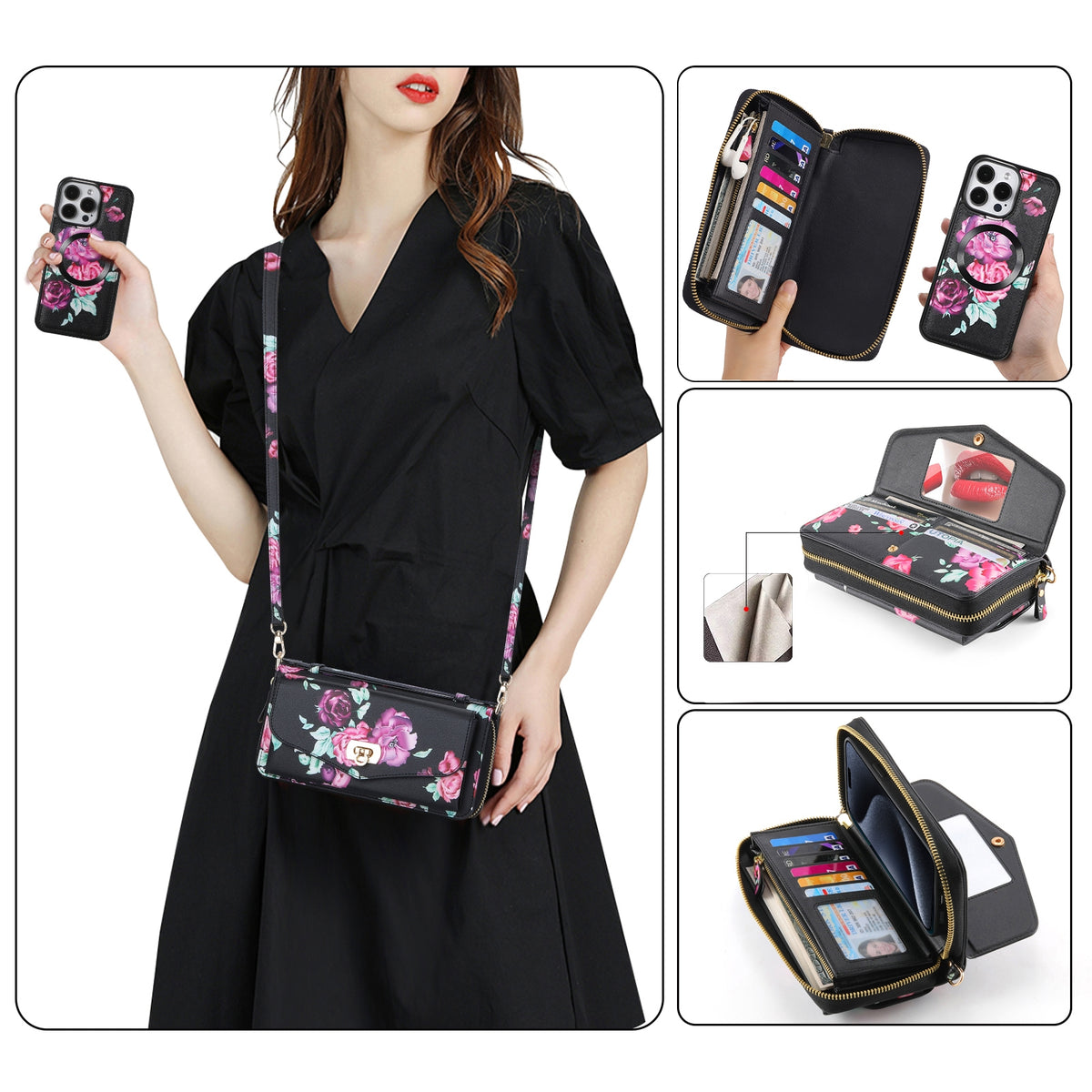 ELECTROPRIME For iPhone 15 Flower Multi-functional Crossbody Zipper Wallet MagSafe Leather Phone Case(Black)