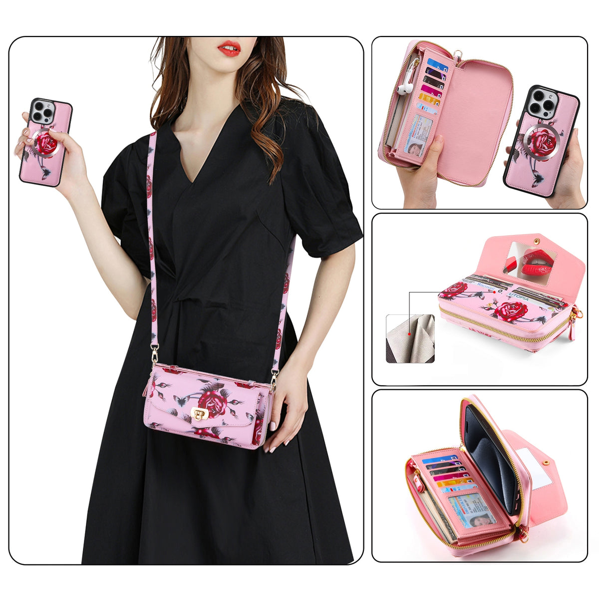 ELECTROPRIME For iPhone 15 Flower Multi-functional Crossbody Zipper Wallet MagSafe Leather Phone Case(Pink)
