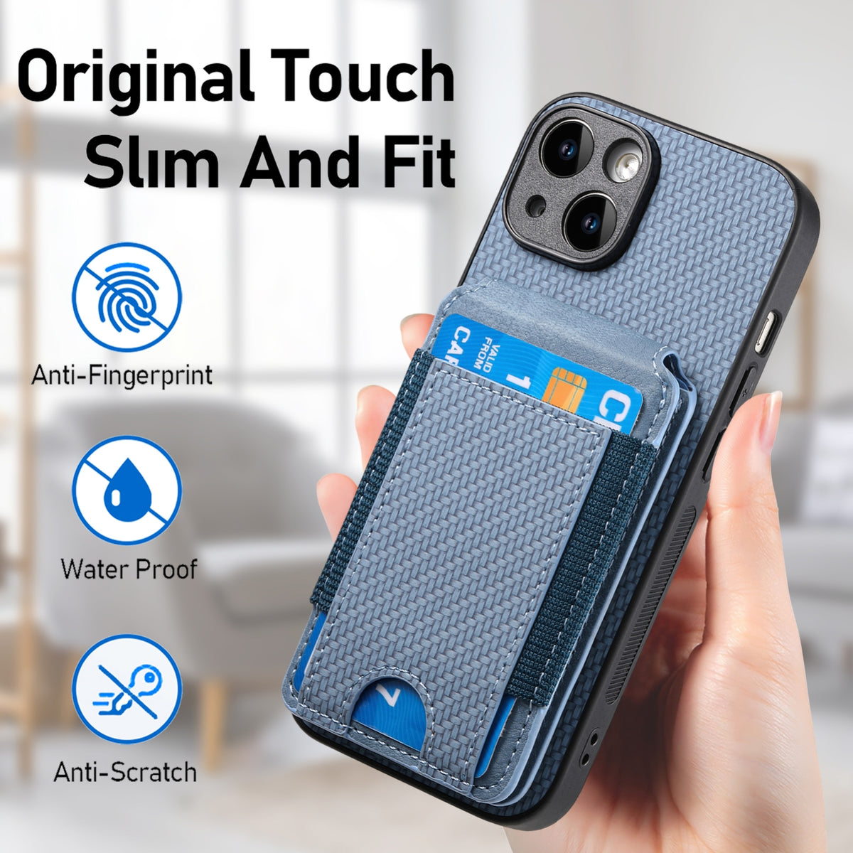 ELECTROPRIME For iPhone 15 Carbon Fiber Vertical Flip Wallet Stand Phone Case(Blue)