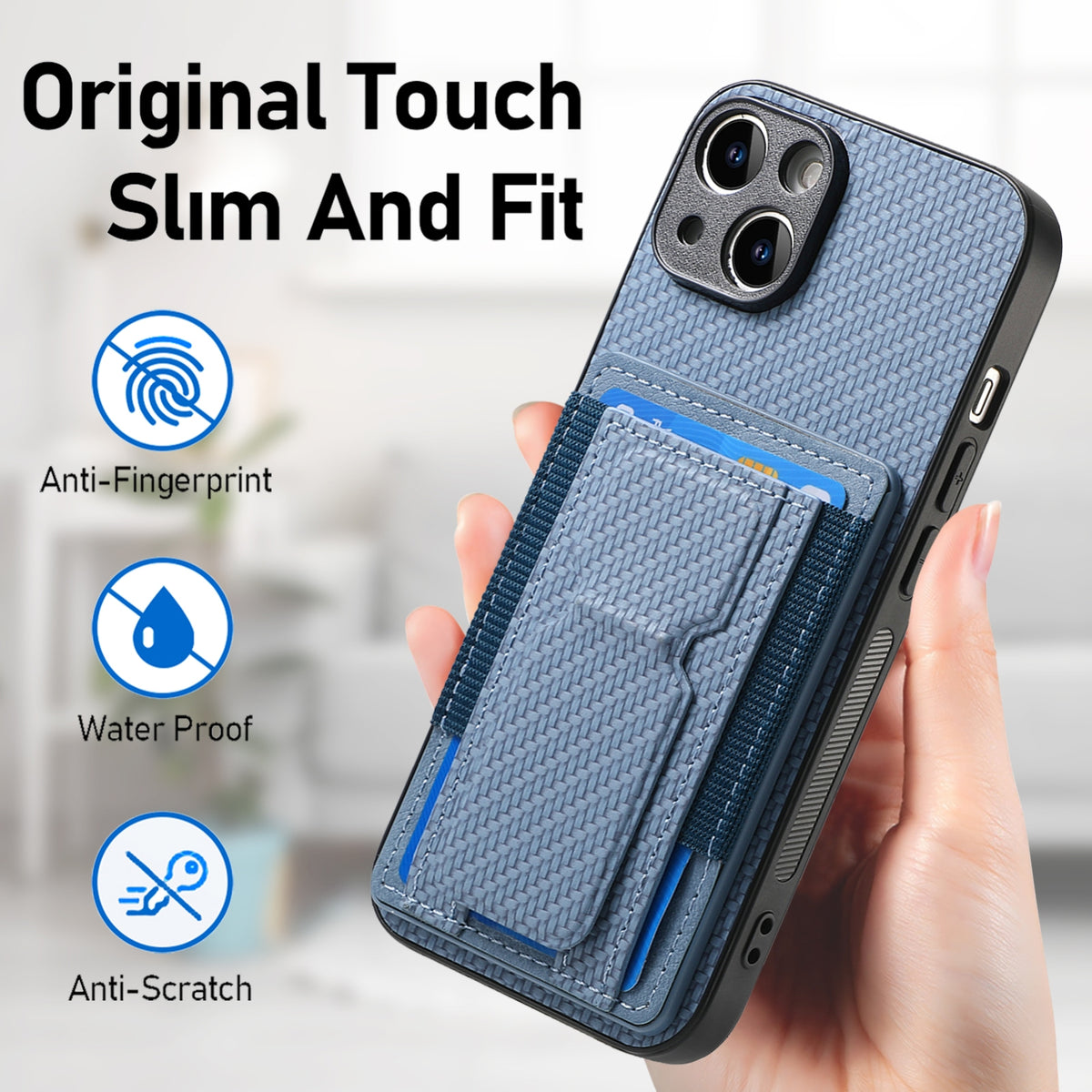 ELECTROPRIME For iPhone 15 Plus Carbon Fiber Fold Stand Elastic Card Bag Phone Case(Blue)