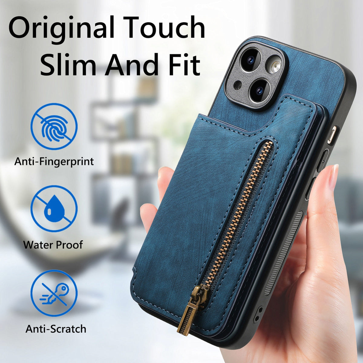ELECTROPRIME For iPhone 15 Retro Leather Zipper Wallet Back Phone Case(Blue)