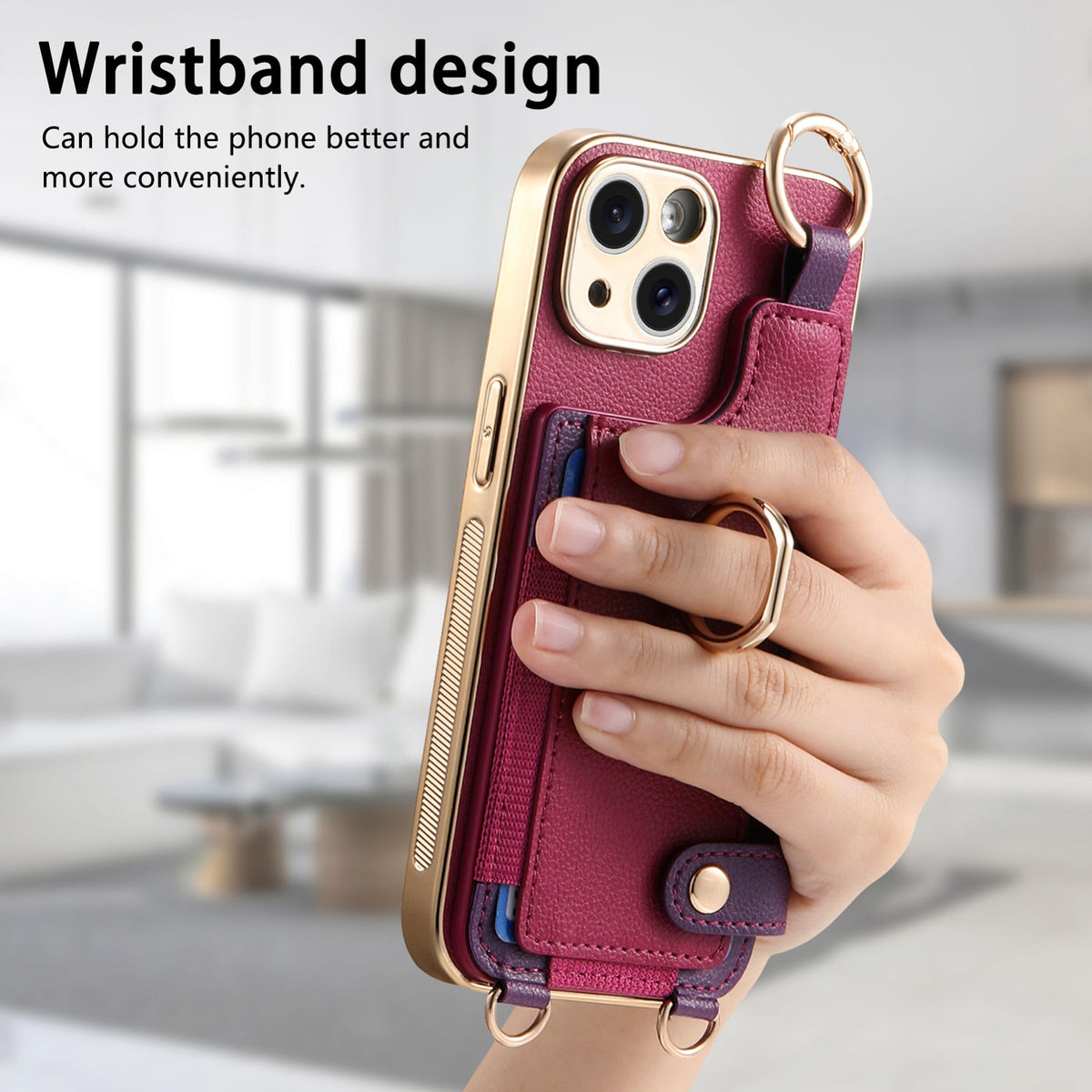ELECTROPRIME For iPhone 15 Fashion Ring Card Bag Phone Case with Hang Loop(Purple)
