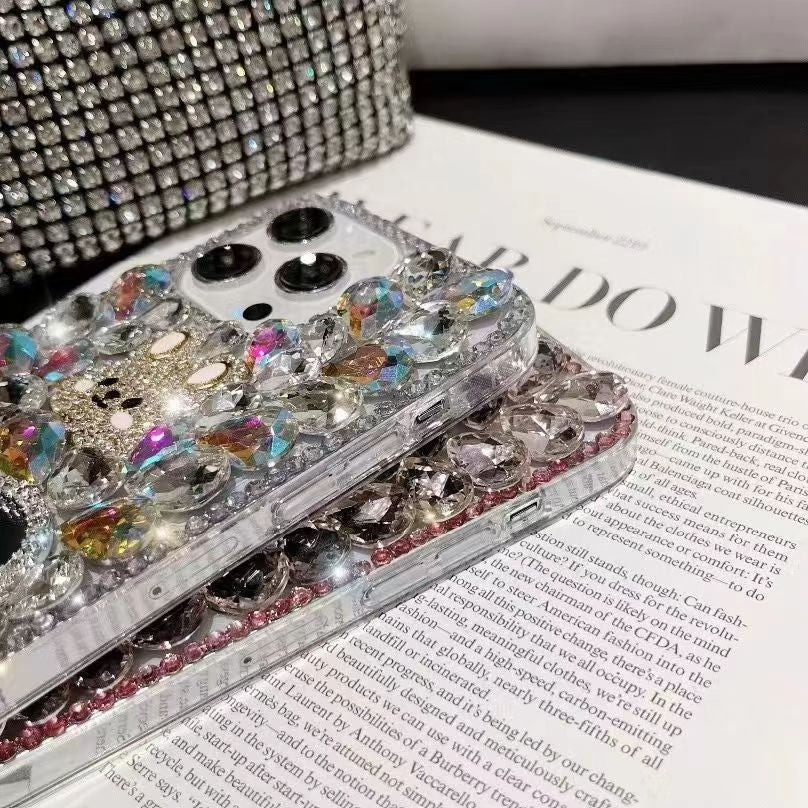 ELECTROPRIME For iPhone 15 Plus Diamond Mirror Bunny Handmade PC Phone Case(Purple Flower Mirror)