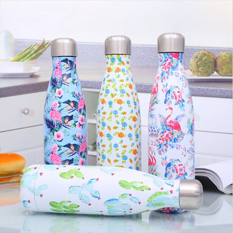 ELECTROPRIME Animals Plants Pattern Thermal Cup Vacuum Flask Heat Water Bottle Portable Stainless Steel Sports Kettle, Capacity:500ml(White Flamingo)