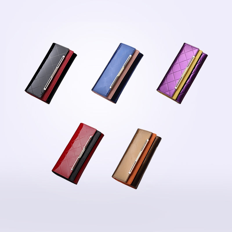 ELECTROPRIME Cowhide Leather Wallet Luxury Design Ladies Party Clutch Patent Leather Purses Long Card Holder(Black)