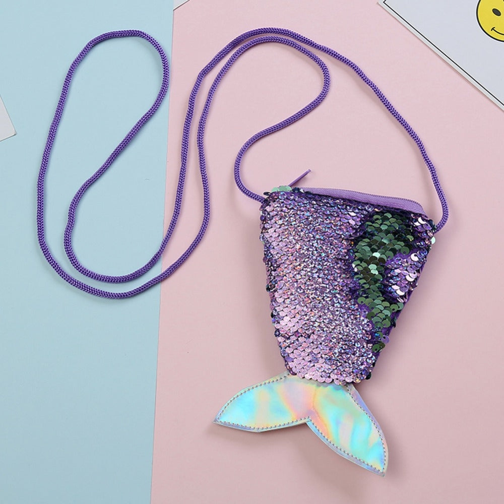 ELECTROPRIME 3 PCS Mermaid Tail Sequins Coin Purse Girls Crossbody Bags Card Holder Wallet(Violet)
