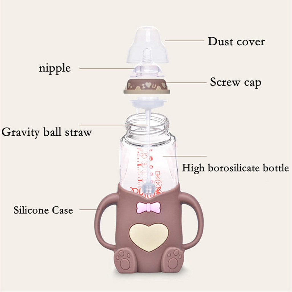 ELECTROPRIME Baby Silicone Glass Bottles Drop-proof and Flatulence-proof Glass Baby Bottle(Style 2 Cyan-blue)