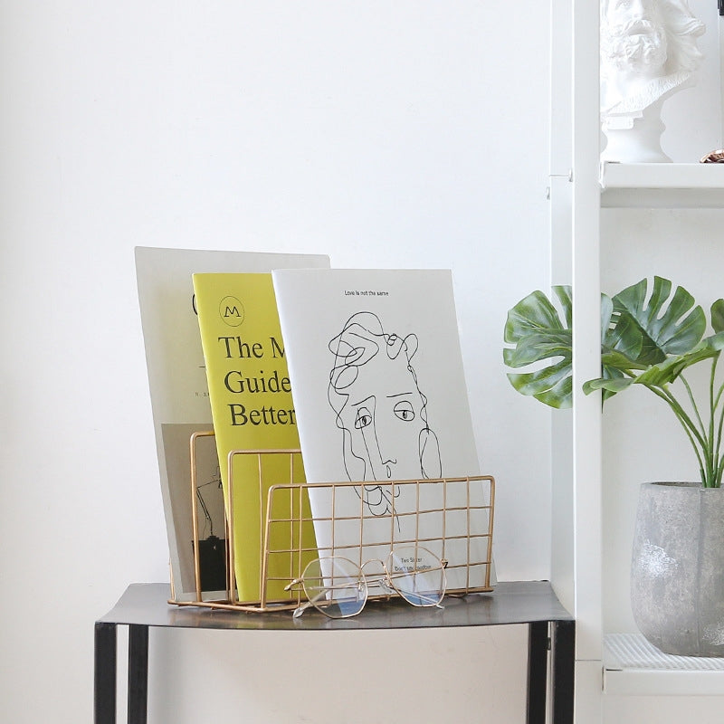 ELECTROPRIME Wrought Iron Desktop Storage Rack Magazine Rack(Gold)