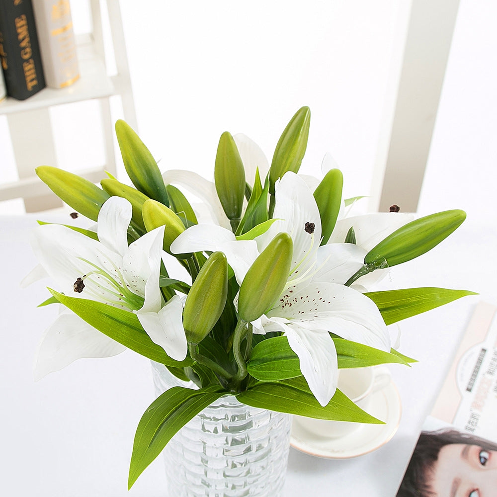 ELECTROPRIME 3 Branches Simulation Mini Lily Plastic Fake Flower Home Decoration Photography Wedding Supplies(White)