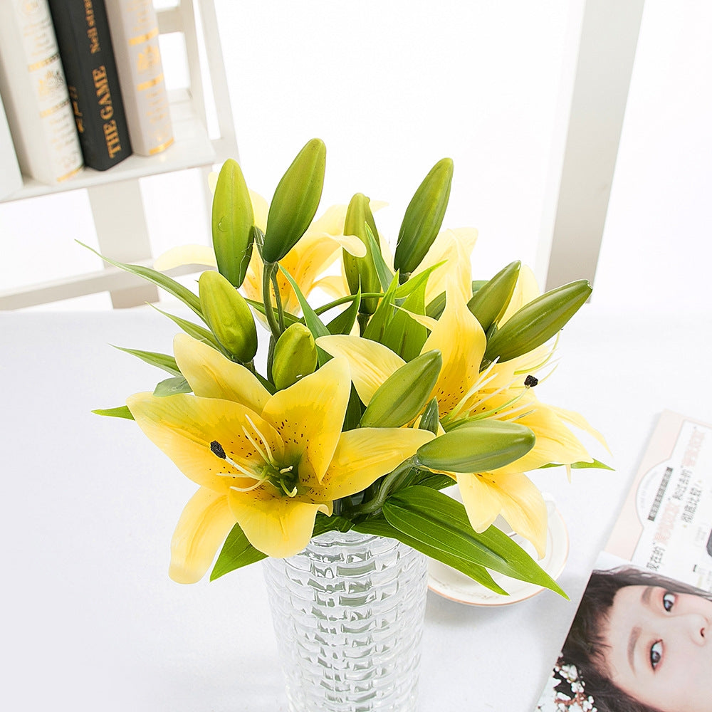ELECTROPRIME 3 Branches Simulation Mini Lily Plastic Fake Flower Home Decoration Photography Wedding Supplies(Yellow)