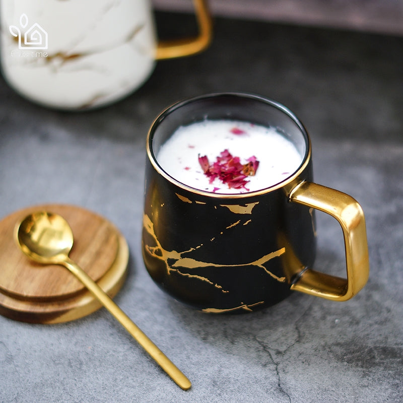 ELECTROPRIME Marble Matte Gold Series Ceramic Tea Cup Coffee Mug With Wooden Lid Or Tray(Black with Lid)