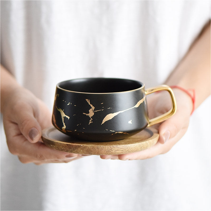 ELECTROPRIME Marble Matte Gold Series Ceramic Tea Cup Coffee Mug With Wooden Lid Or Tray(Black with Tray)