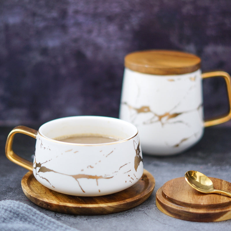 ELECTROPRIME Marble Matte Gold Series Ceramic Tea Cup Coffee Mug With Wooden Lid Or Tray(White with Lid)