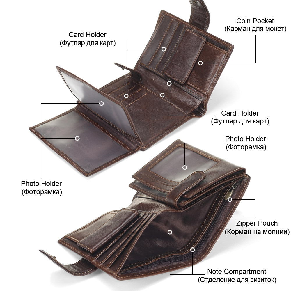 ELECTROPRIME Vintage Men Wallet Genuine Leather Short Wallets Male Multifunctional Cowhide Male Purse Coin Pocket Photo Card Holder(Black)