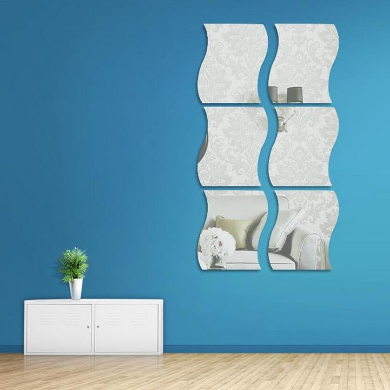 ELECTROPRIME Wall Mirror Acrylic DIY Wave Style Removable Glass Sticker Makeup Mirror Home Bedroom Decorative(Silver)