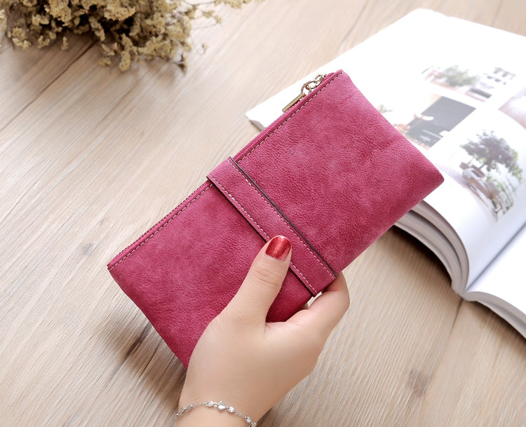 ELECTROPRIME Solid Drawstring Nubuck Leather Zipper Long Women Wallet Phone Bag Purse Card Holder(Rose Red)
