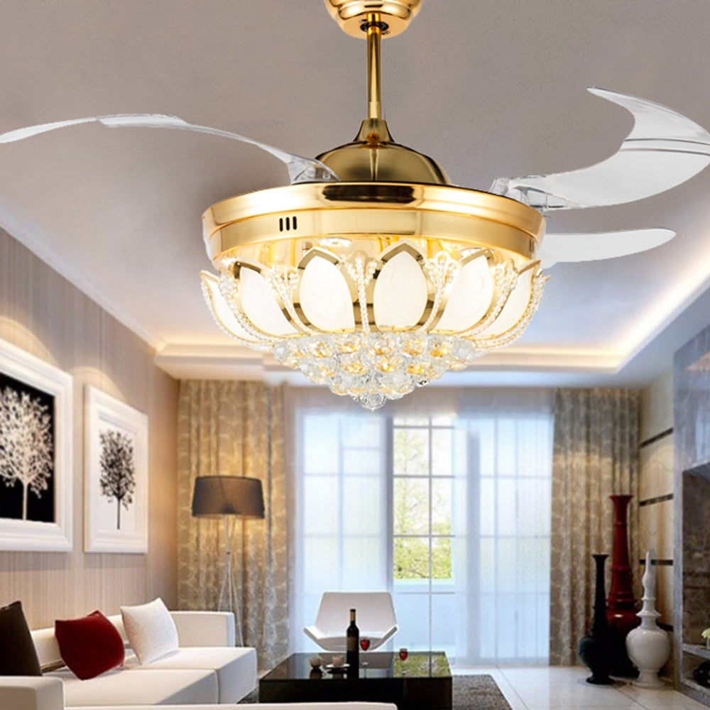 ELECTROPRIME Invisible Crystal Fan LED Chandelier Home Living Room Bedroom Variable Frequency Ceiling Fan Light with Remote Control, Size:42 inch 113 Three Colors 36W