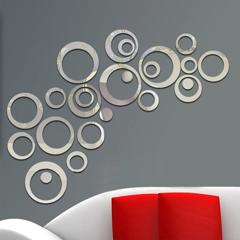 ELECTROPRIME 24 PCS 3D DIY Circles Decoration Mirror Wall Stickers for TV Background Home Decor Acrylic Decor Wall Art(Silver)
