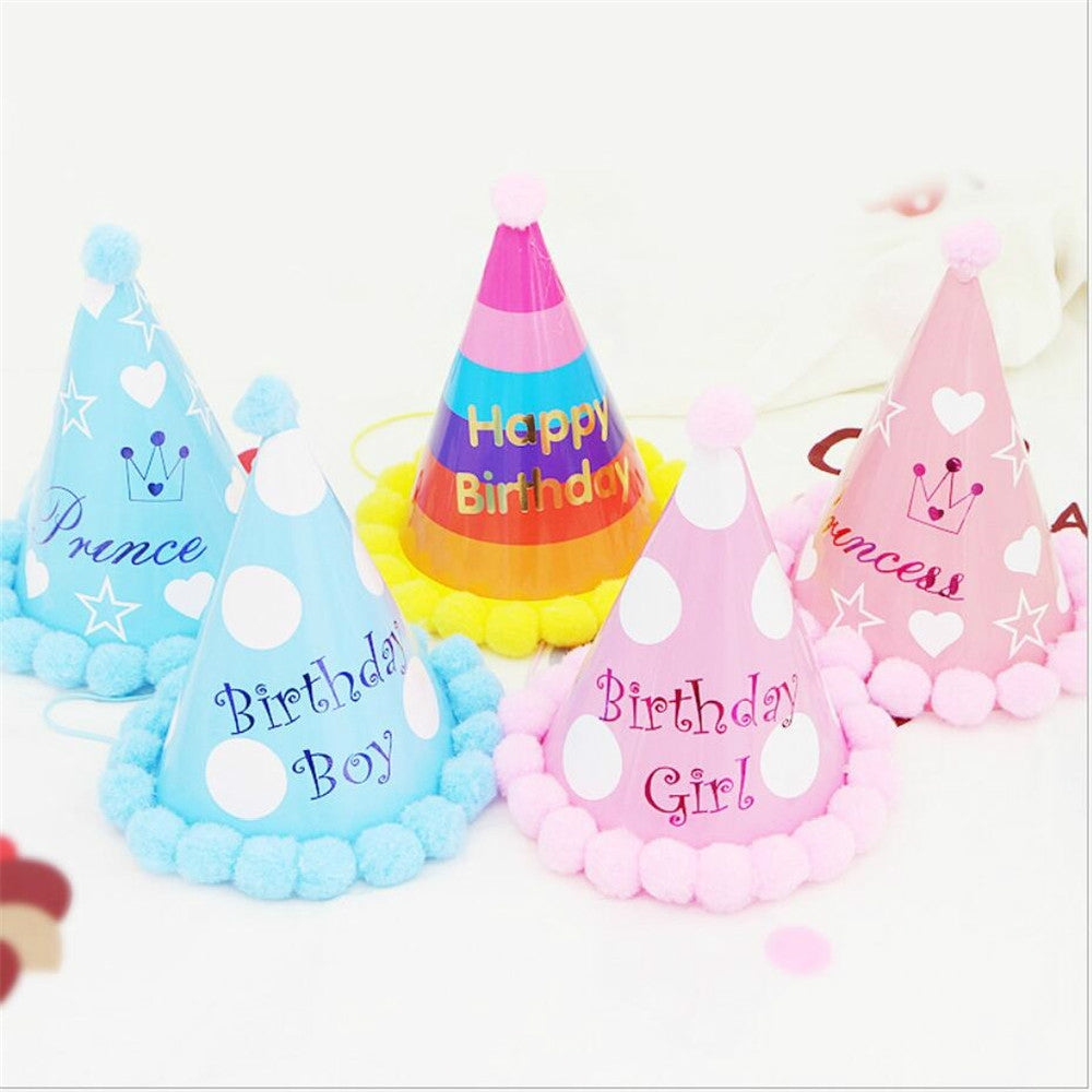 ELECTROPRIME 3 PCS Children Age Dress up Party Supplies Ball Birthday Hat Paper Rainbow Pom-pom Cap, Color:Style and Color Random Delivery