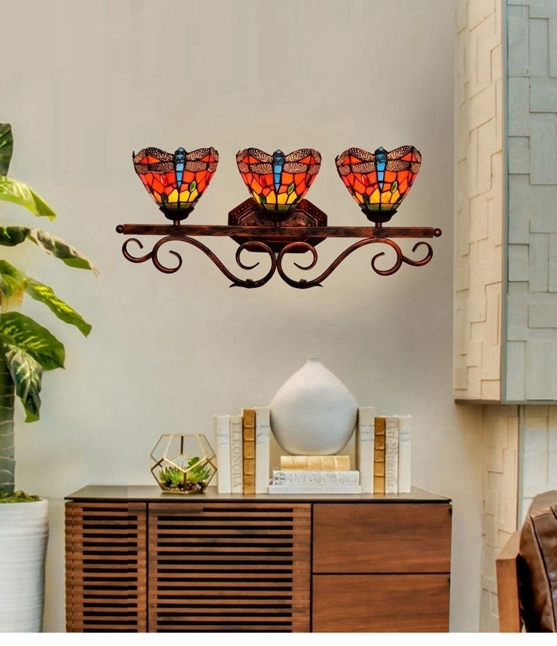 ELECTROPRIME Retro Dragonfly Color Three-heads Wall Lamp Mirror Headlight Corridor Bar Creative Decoration Light (UK Plug)