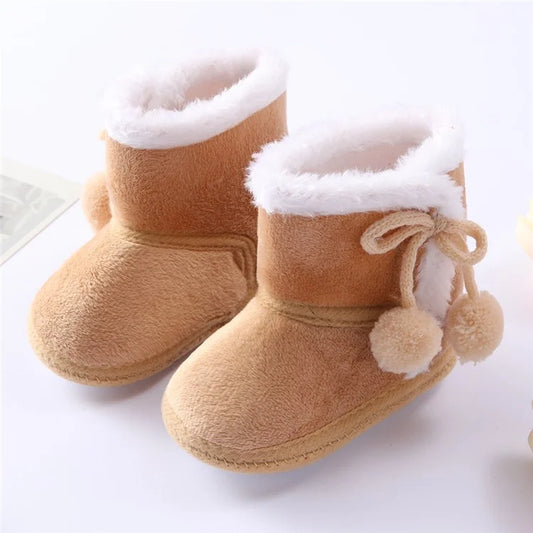 Polar Fleece Winter Toddler First Walking Shoes Non-Slip Baby Booties with Pompom Decor