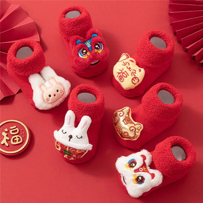 New Year Anti-Slip Baby Floor Socks Cute 3D Cartoon Winter Toddler Walking Socks