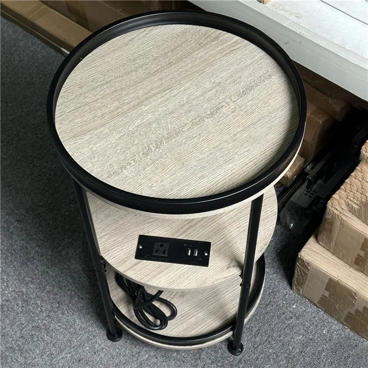 SC Side Table 3-Tier Round Bedside Table with US Plug Power Outlets, 380x610mm