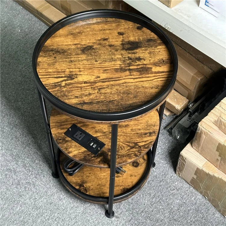 SC Side Table 3-Tier Round Bedside Table with US Plug Power Outlets, 380x610mm