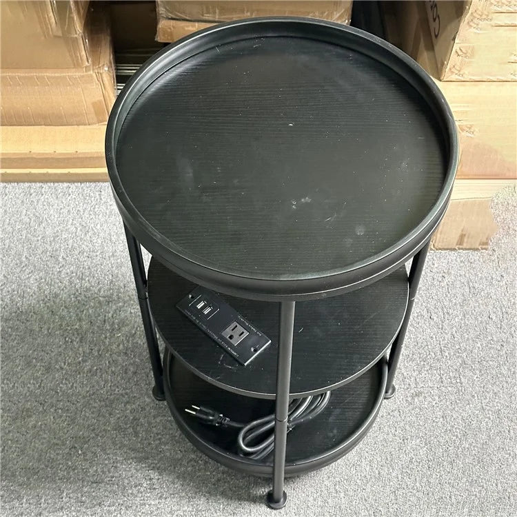 SC Side Table 3-Tier Round Bedside Table with US Plug Power Outlets, 380x610mm