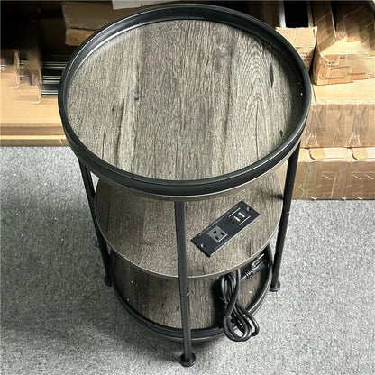 SC Side Table 3-Tier Round Bedside Table with US Plug Power Outlets, 380x610mm