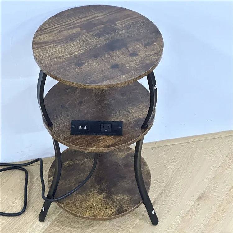 SC Small Round Side Table 3-Tier End Table with US Plug Power Outlets, 300x550mm