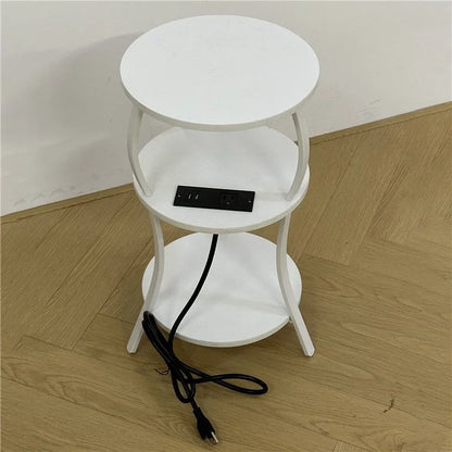 SC Small Round Side Table 3-Tier End Table with US Plug Power Outlets, 300x550mm