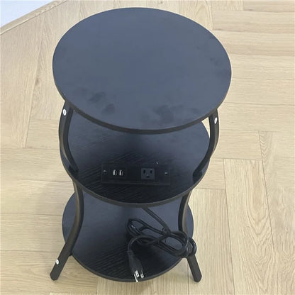 SC Small Round Side Table 3-Tier End Table with US Plug Power Outlets, 300x550mm
