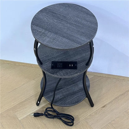 SC Small Round Side Table 3-Tier End Table with US Plug Power Outlets, 300x550mm