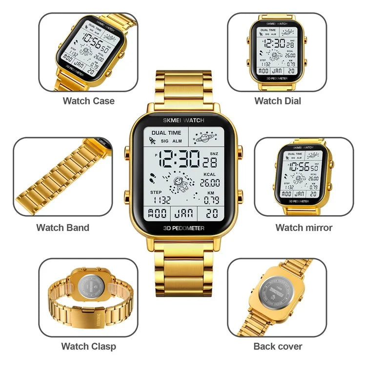 SKMEI 1888 Business Men Square Electronic Watch Steel Strap Sport Digital Watch