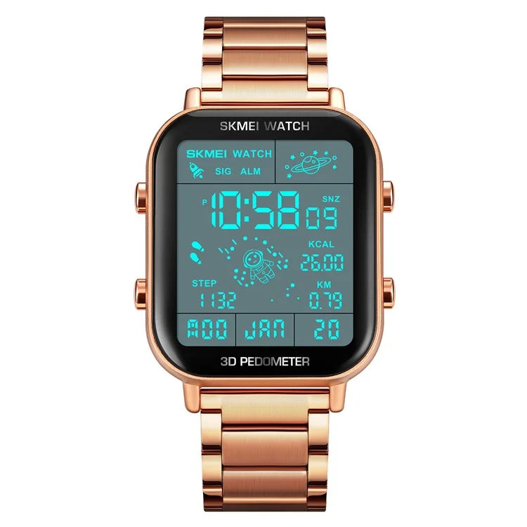 SKMEI 1888 Business Men Square Electronic Watch Steel Strap Sport Digital Watch