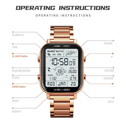 SKMEI 1888 Business Men Square Electronic Watch Steel Strap Sport Digital Watch