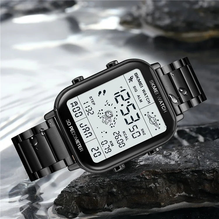 SKMEI 1888 Business Men Square Electronic Watch Steel Strap Sport Digital Watch